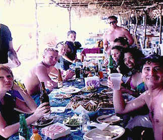 Lunch and cervezas after snorkeling the reef in Manzanillo