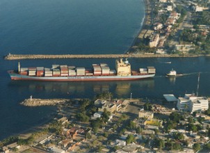 Container ship leaving the port